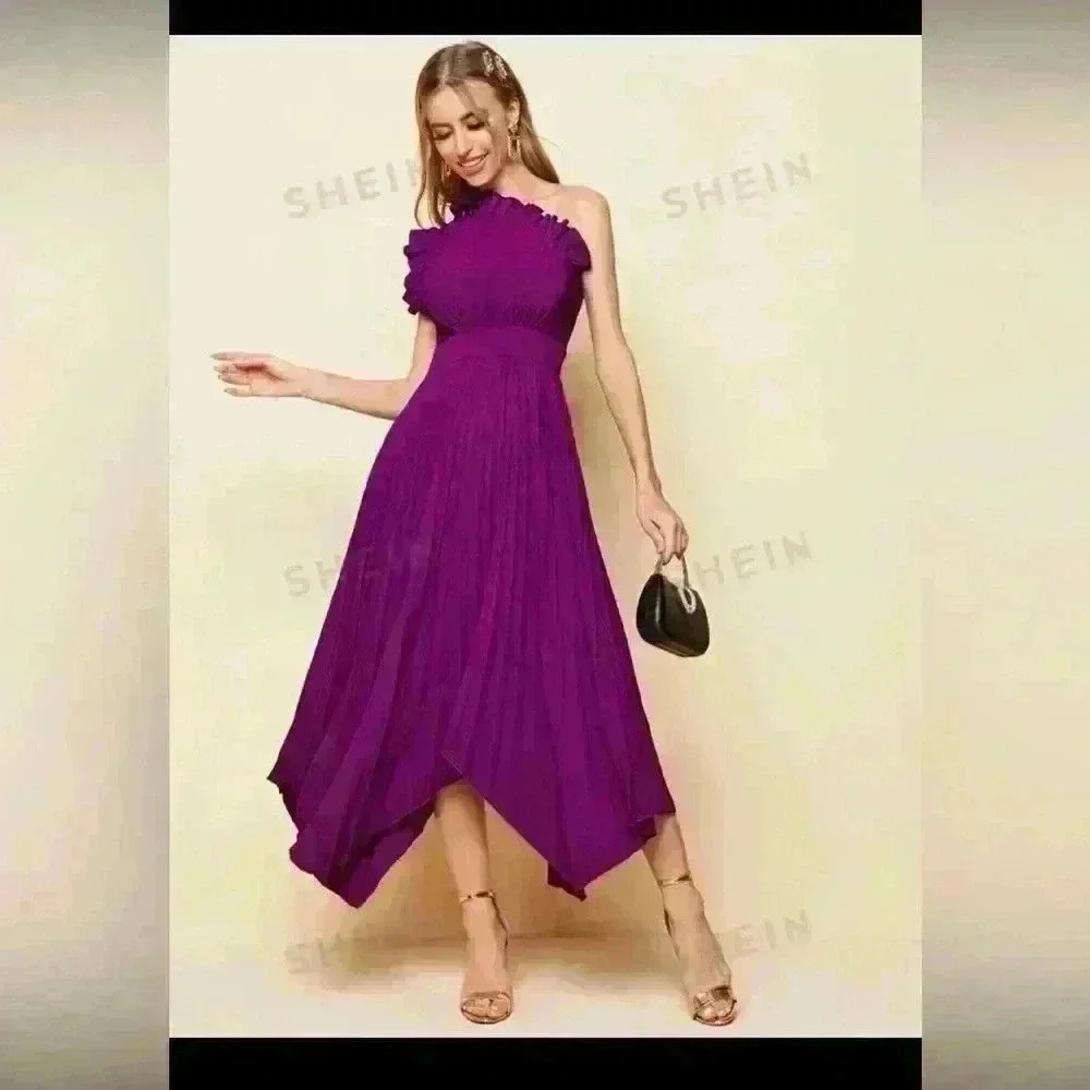 SHEIN Belle One Shoulder Ruffle Detail Pleated Hanky Hem Bridesmaid Dress